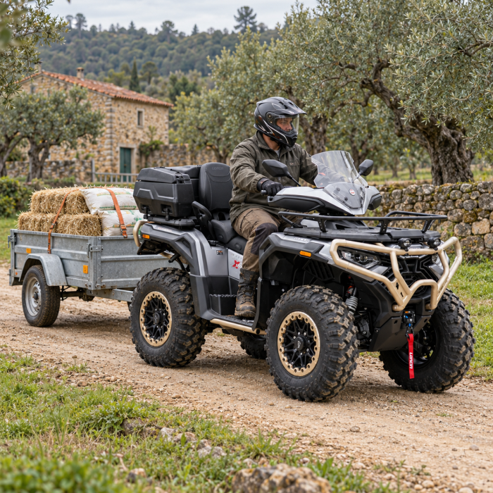 XWOLF 1000 com reboque entre oliveiras